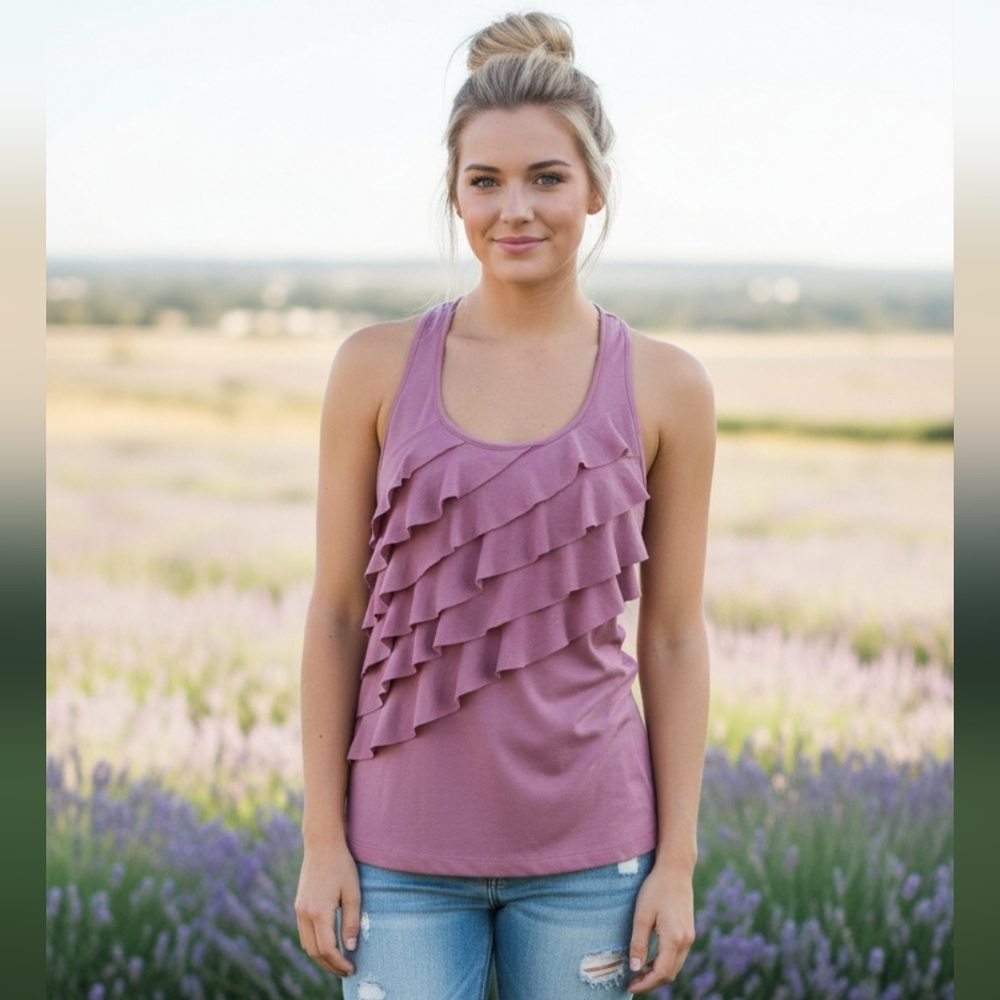 Maurices Womens Small Asymmetrical Ruffles Boho Scoop Neck Racerback Tank Top